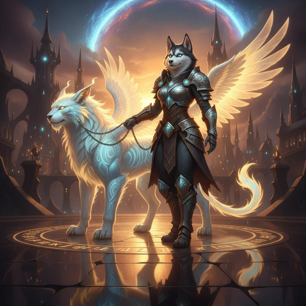 Fantasy artwork featuring an anthropomorphic Husky character in ornate fantasy armor, inspired by the Radiant Imperial Lynx Mount and its related collection objectives in a game setting.