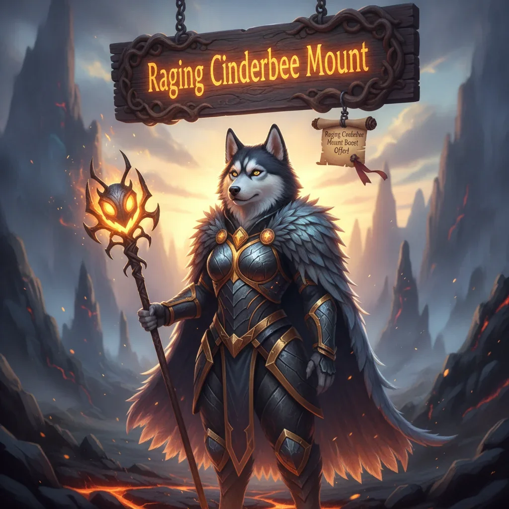 Fantasy artwork of an armored anthropomorphic husky with a vibrant, fiery Raging Cinderbee mount, inspired by game content and mount acquisition objectives.