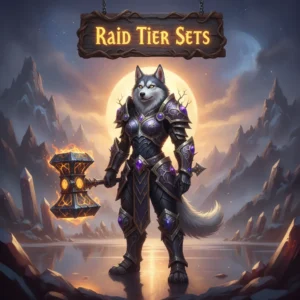 Anthropomorphic Husky character in ornate fantasy armor, set against an epic fantasy background, representing Raid Tier Sets content and endgame objectives in the world of WoW Midnight.