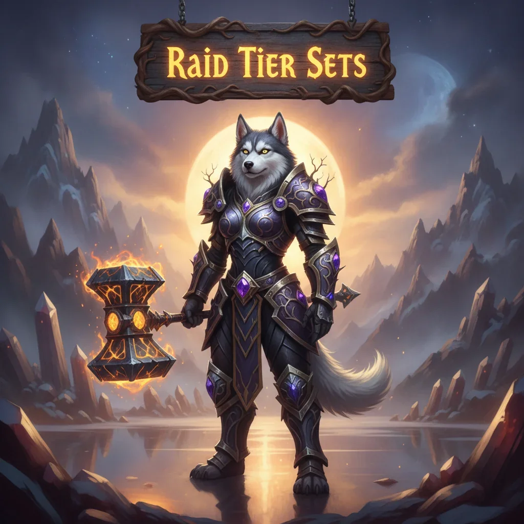 Anthropomorphic Husky character in ornate fantasy armor, set against an epic fantasy background, representing Raid Tier Sets content and endgame objectives in the world of WoW Midnight.
