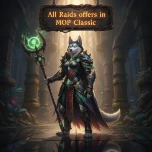Fantasy artwork featuring an anthropomorphic husky character in a themed outfit, related to raid content and objectives in Mists of Pandaria Classic.