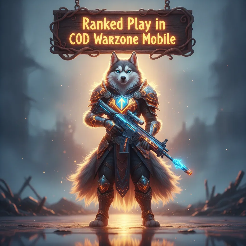 Fantasy artwork depicting an anthropomorphic Husky character in themed armor, representing ranked play progression in a competitive mobile game environment.