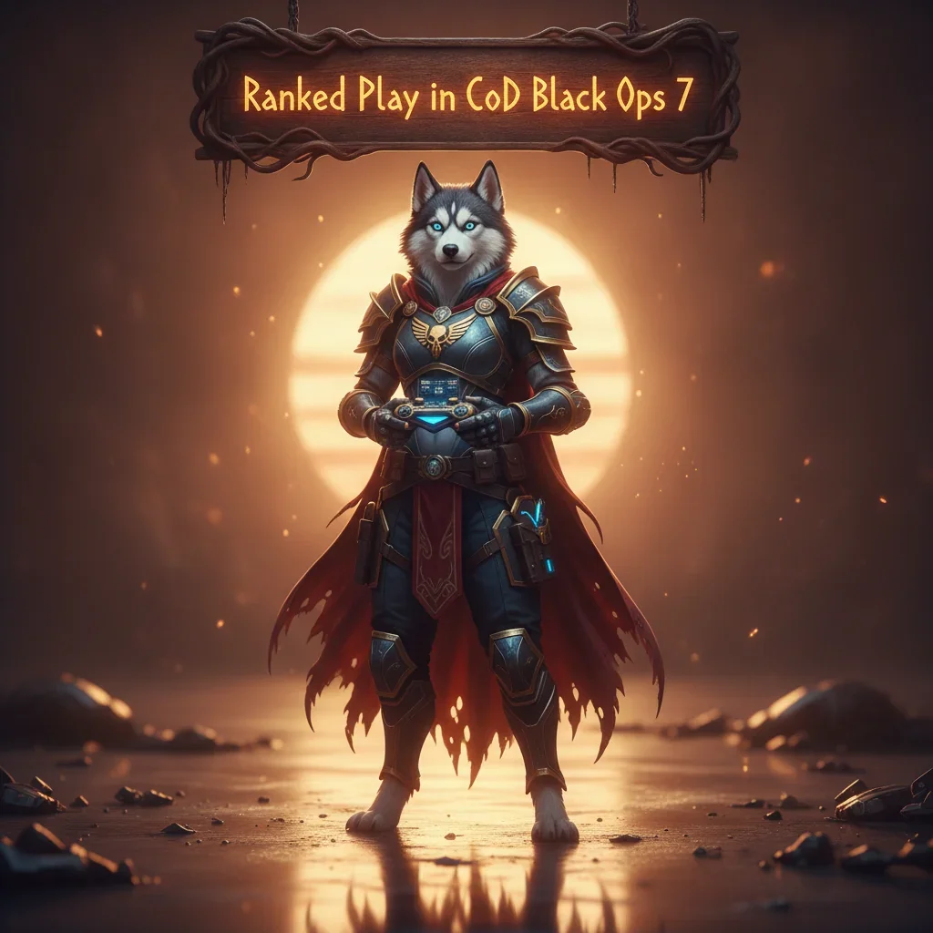 An anthropomorphic Husky character in fantasy battle armor, themed around competitive ranked play content and objectives in CoD Black Ops 7.