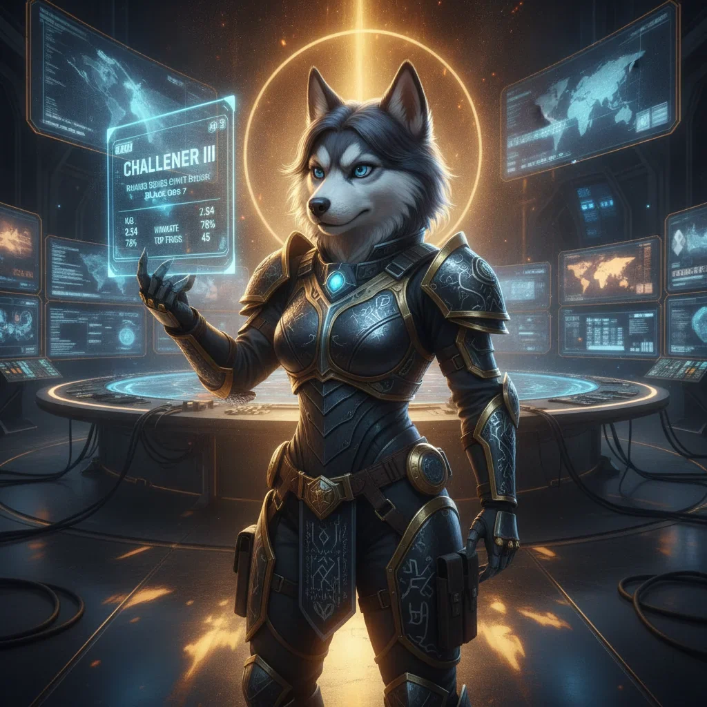 Anthropomorphic husky in fantasy armor standing in a dramatic, game-inspired environment, representing the competitive Ranked Series event and related seasonal content for CoD Black Ops 7.