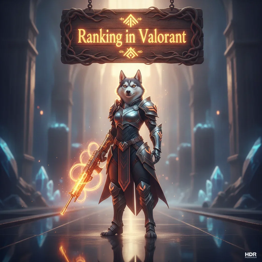 An anthropomorphic Husky character in fantasy armor, set in a mystical game environment. The artwork is inspired by competitive ranking boost content and tier advancement challenges in a fantasy game.