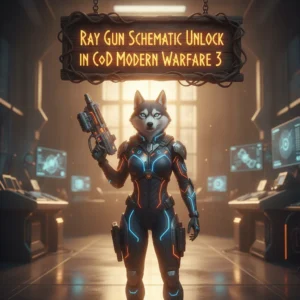 Anthropomorphic Husky character in fantasy attire, against a mystical backdrop. The artwork is themed around content for unlocking advanced weapon schematics, like a ray gun, within a game's progression system.