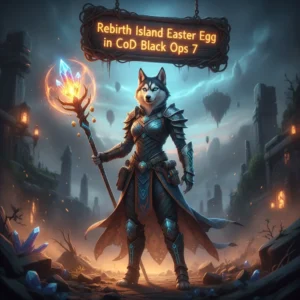 An anthropomorphic Husky character in fantasy armor stands within a mysterious, game-inspired environment, representing the pursuit of a Rebirth Island Easter Egg objective from a shooter game theme.