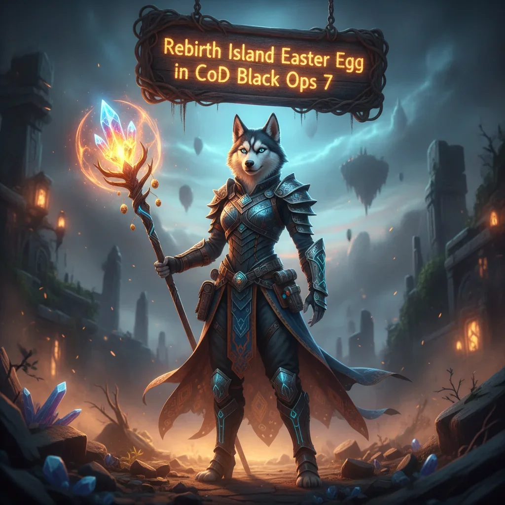 An anthropomorphic Husky character in fantasy armor stands within a mysterious, game-inspired environment, representing the pursuit of a Rebirth Island Easter Egg objective from a shooter game theme.