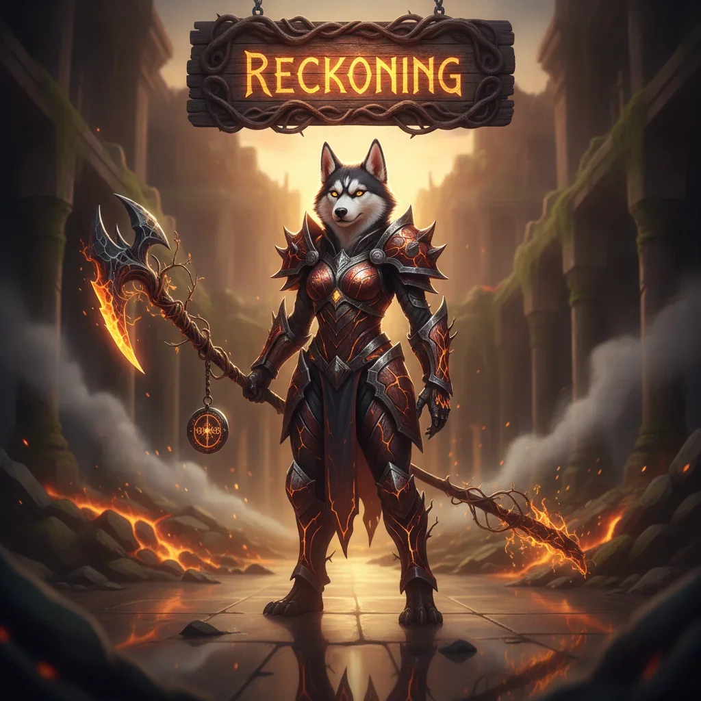 Fantasy artwork featuring an armored anthropomorphic husky, themed around the challenging 'Reckoning' event content in a dark, atmospheric setting.