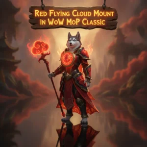 A fantasy artwork featuring an anthropomorphic Husky character on a red flying cloud mount, inspired by World of Warcraft Mists of Pandaria Classic content.