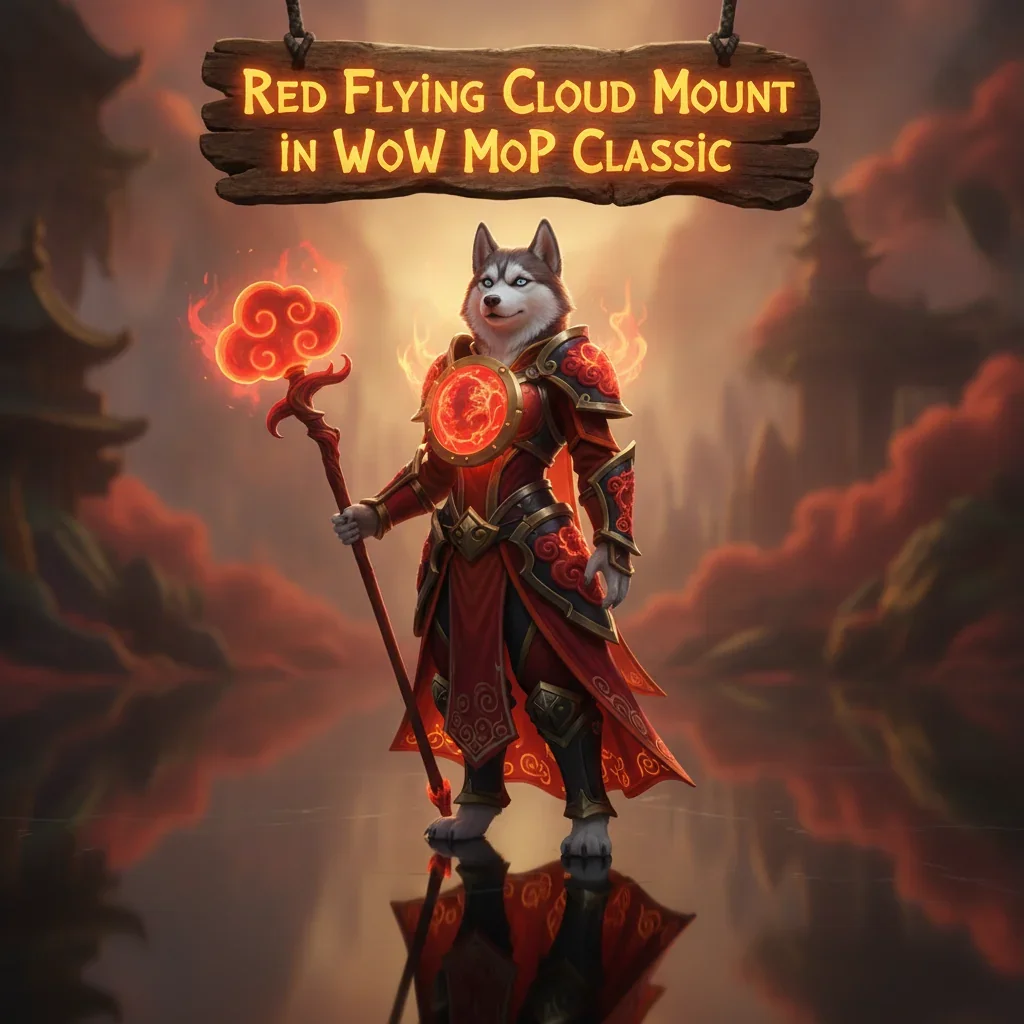 A fantasy artwork featuring an anthropomorphic Husky character on a red flying cloud mount, inspired by World of Warcraft Mists of Pandaria Classic content.