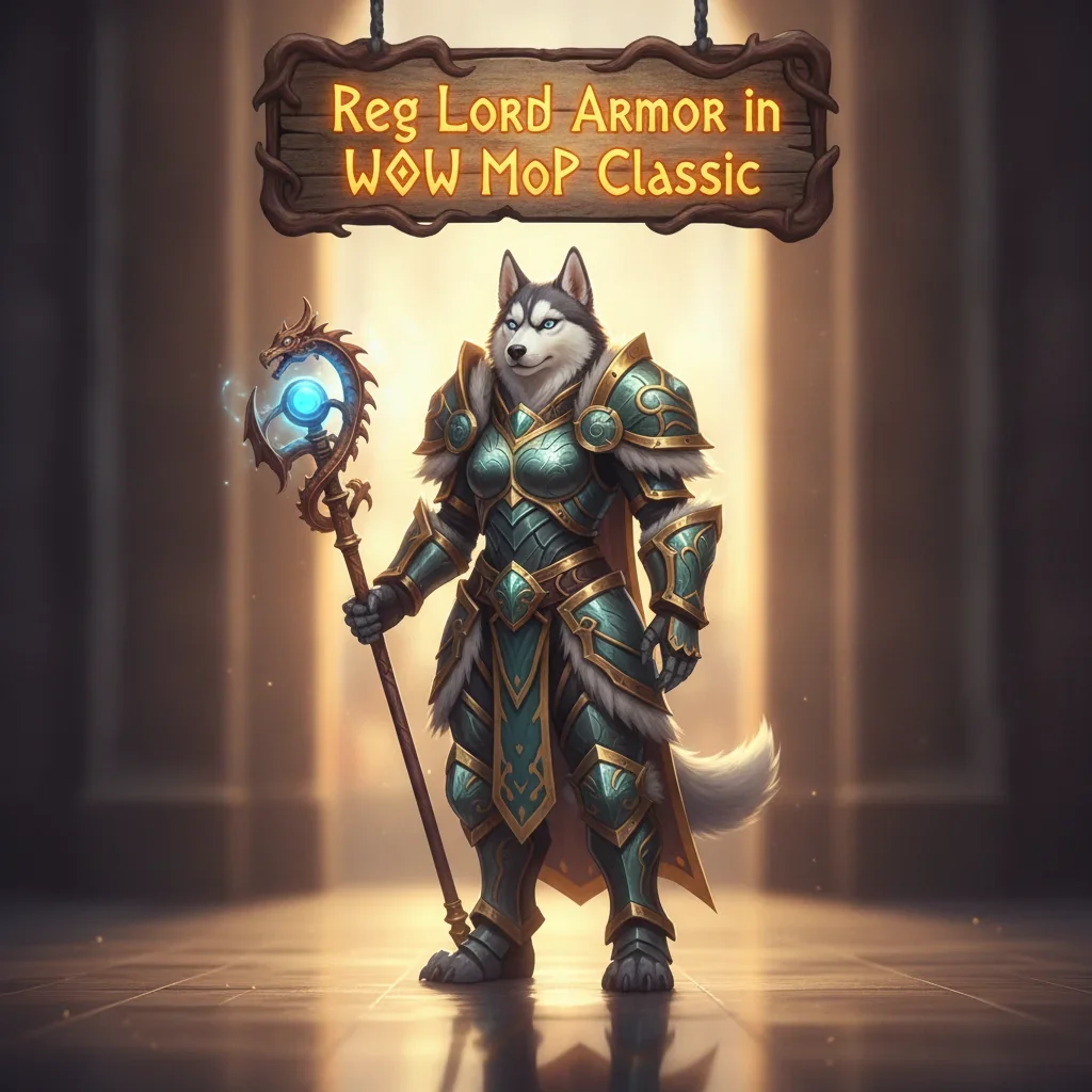 Fantasy artwork featuring an anthropomorphic Husky in ornate armor, representing a Regal Lord Armor boost in World of Warcraft Mists of Pandaria Classic.