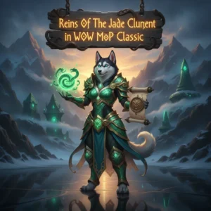 An anthropomorphic Husky character in fantasy attire, with a Jade Cloud Serpent in a game-inspired setting, representing content from World of Warcraft Mists of Pandaria Classic.