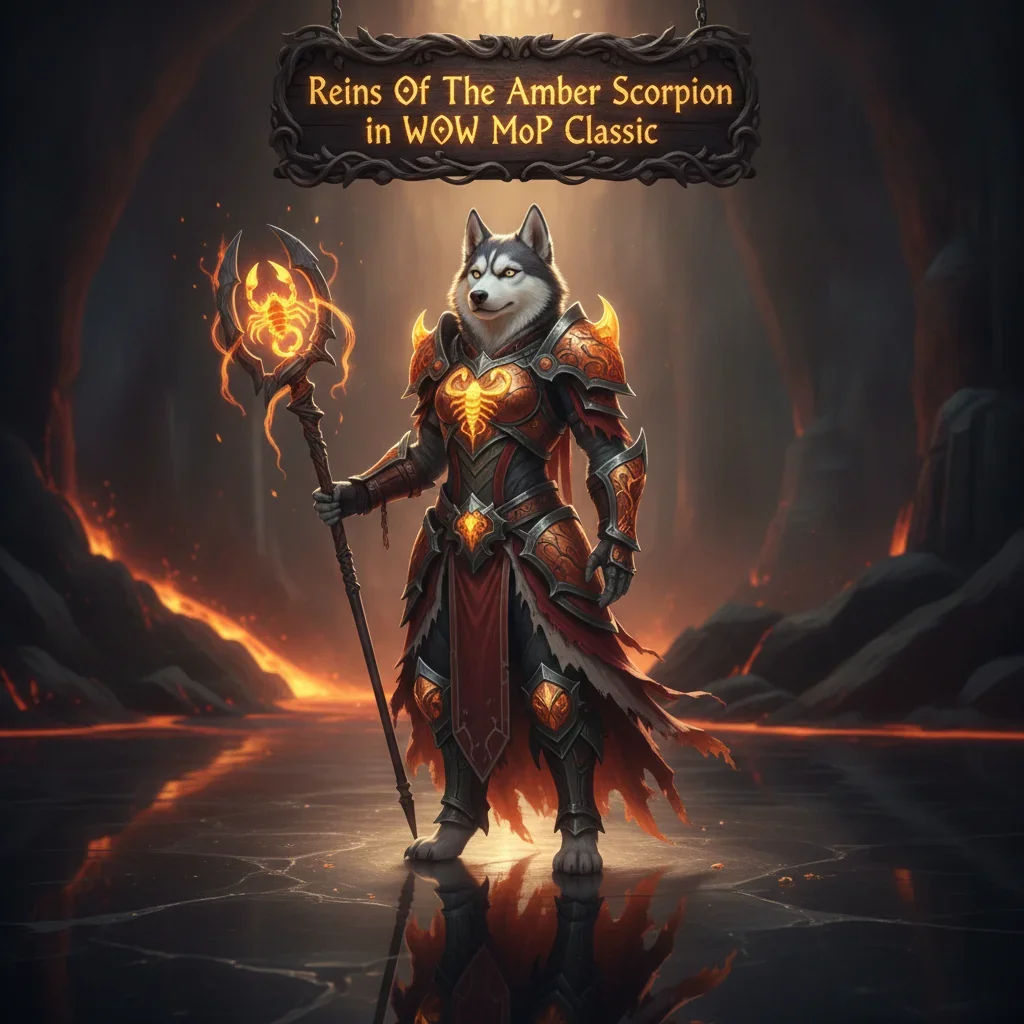 Fantasy artwork of an anthropomorphic husky character with a giant scorpion mount, inspired by World of Warcraft: Mists of Pandaria Classic.