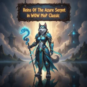 An anthropomorphic husky character in fantasy attire, with an azure cloud serpent in a sky environment, representing a Mists of Pandaria Classic theme.
