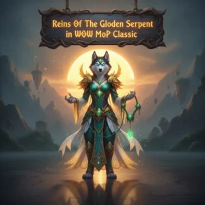 An anthropomorphic Husky character riding a majestic golden cloud serpent through a stylized fantasy sky, inspired by WoW Mists of Pandaria Classic content.