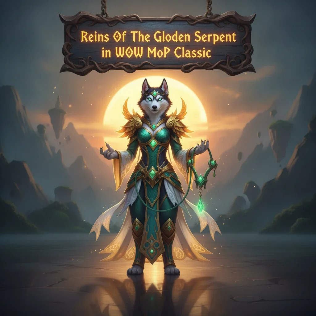An anthropomorphic Husky character riding a majestic golden cloud serpent through a stylized fantasy sky, inspired by WoW Mists of Pandaria Classic content.