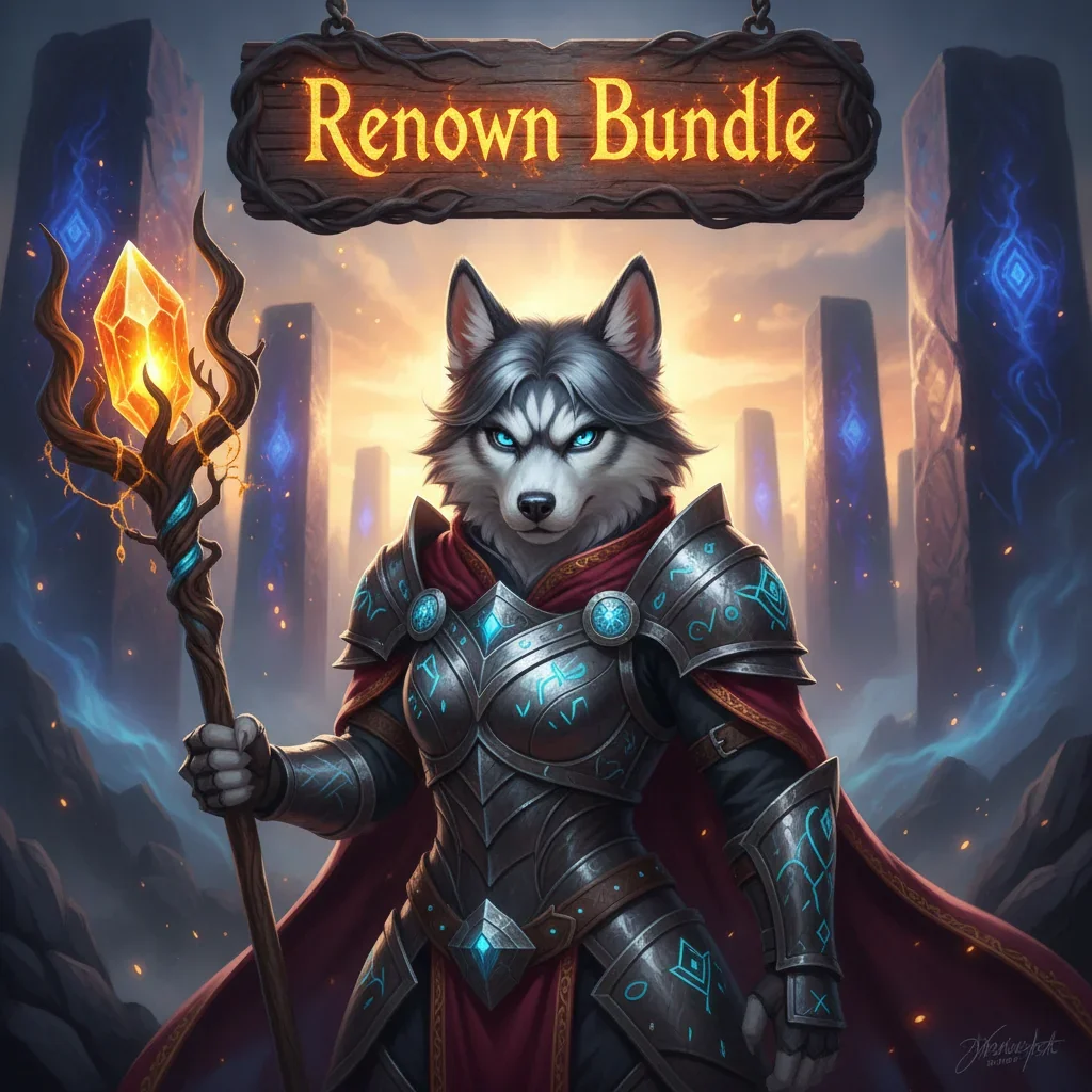 Anthropomorphic Husky in fantasy armor amidst a magical night environment, representing Renown bundle content and progression in a game.