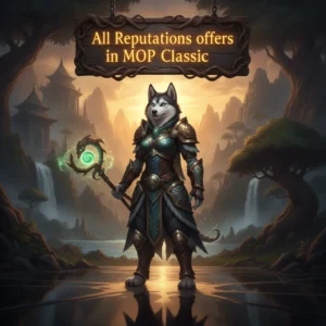 Fantasy artwork featuring an anthropomorphic Husky character, themed around reputation advancement in World of Warcraft Mists of Pandaria Classic.