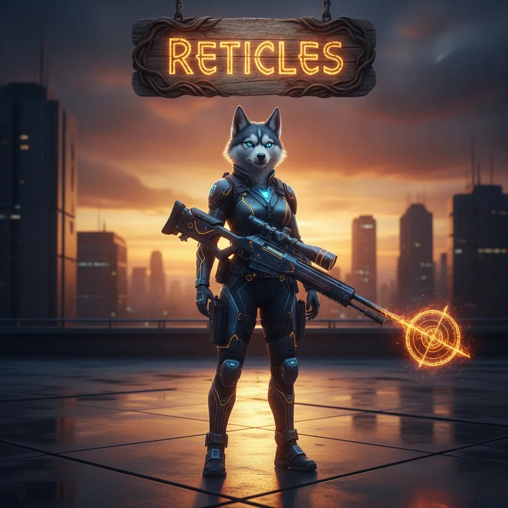 Fantasy artwork featuring an anthropomorphic husky in ornate gear, themed around unlocking advanced aiming reticles and visual customization content within a game.