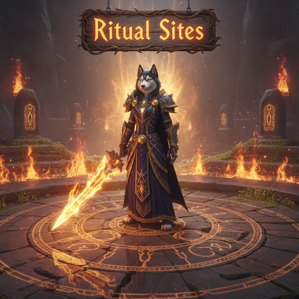 An anthropomorphic Husky character in fantasy armor stands amidst ancient ruins, inspired by the theme of ritual sites in a midnight game setting, reflecting content from WoW Midnight.