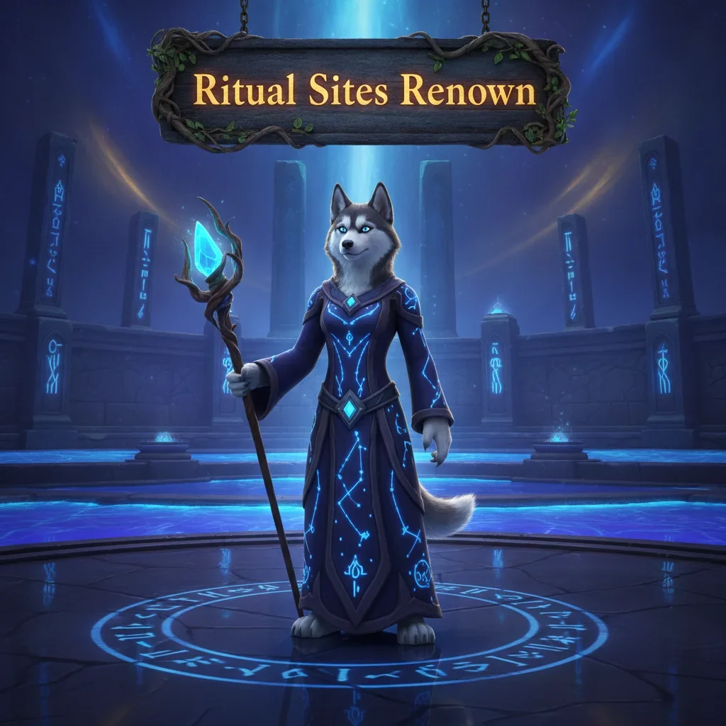 An anthropomorphic husky character in fantasy attire stands at a glowing ritual site, representing renown progression and faction standing objectives in a fantasy game.