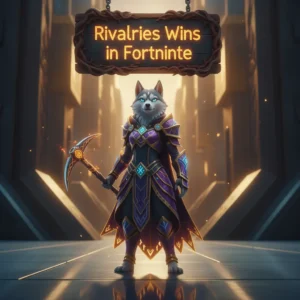 An anthropomorphic Husky character in fantasy armor stands in a game-inspired landscape, representing competitive wins and rivalry objectives in Fortnite.