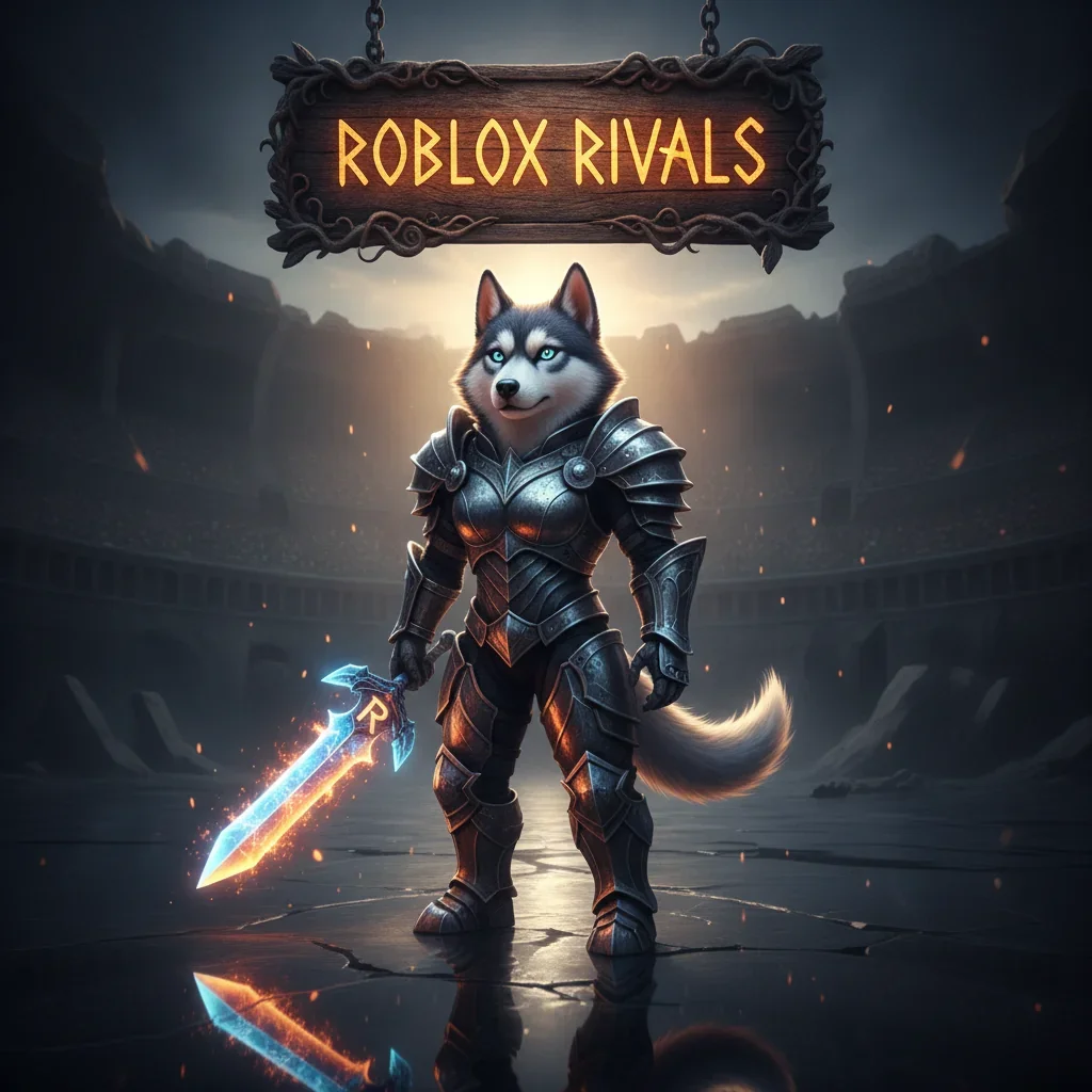 A fantasy game-inspired image featuring an anthropomorphic Husky in themed attire, representing Roblox Rivals boosting services.