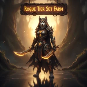 Anthropomorphic Husky in dark fantasy rogue armor, in a mystical game environment. Artwork related to Rogue Tier Set farming and endgame gear acquisition content.