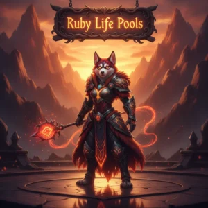 Fantasy artwork featuring an anthropomorphic husky character in a mystical Ruby Life Pools-inspired environment, themed around World of Warcraft content and dungeon objectives.