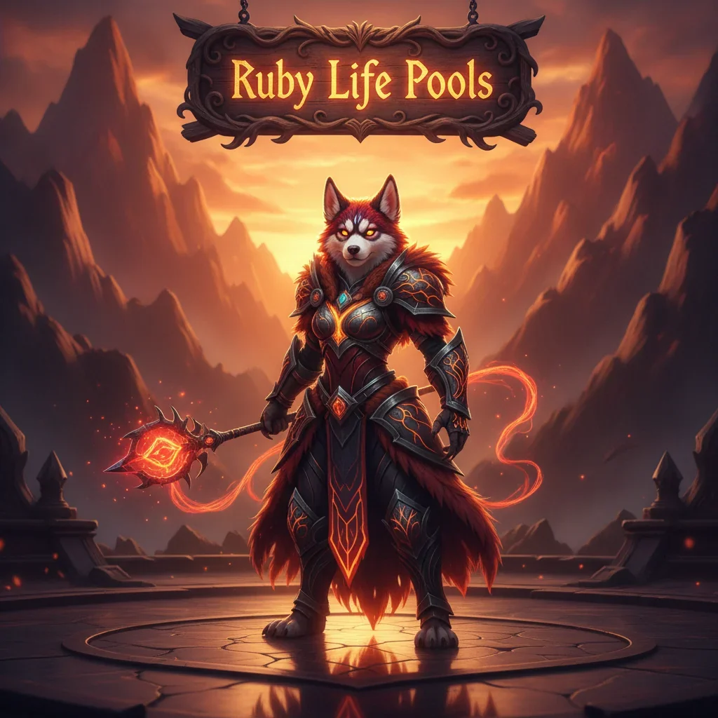 Fantasy artwork featuring an anthropomorphic husky character in a mystical Ruby Life Pools-inspired environment, themed around World of Warcraft content and dungeon objectives.