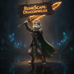 An anthropomorphic Husky character in fantasy armor, set against a volcanic, dragon-themed landscape, representing challenging endgame content.