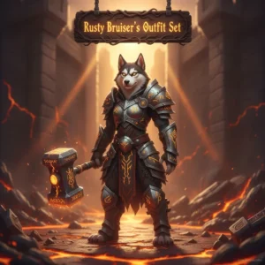 Artwork featuring an anthropomorphic husky in a rugged Rusty Bruiser themed outfit, set within a dark fantasy environment related to WoW Midnight content and character customization options.