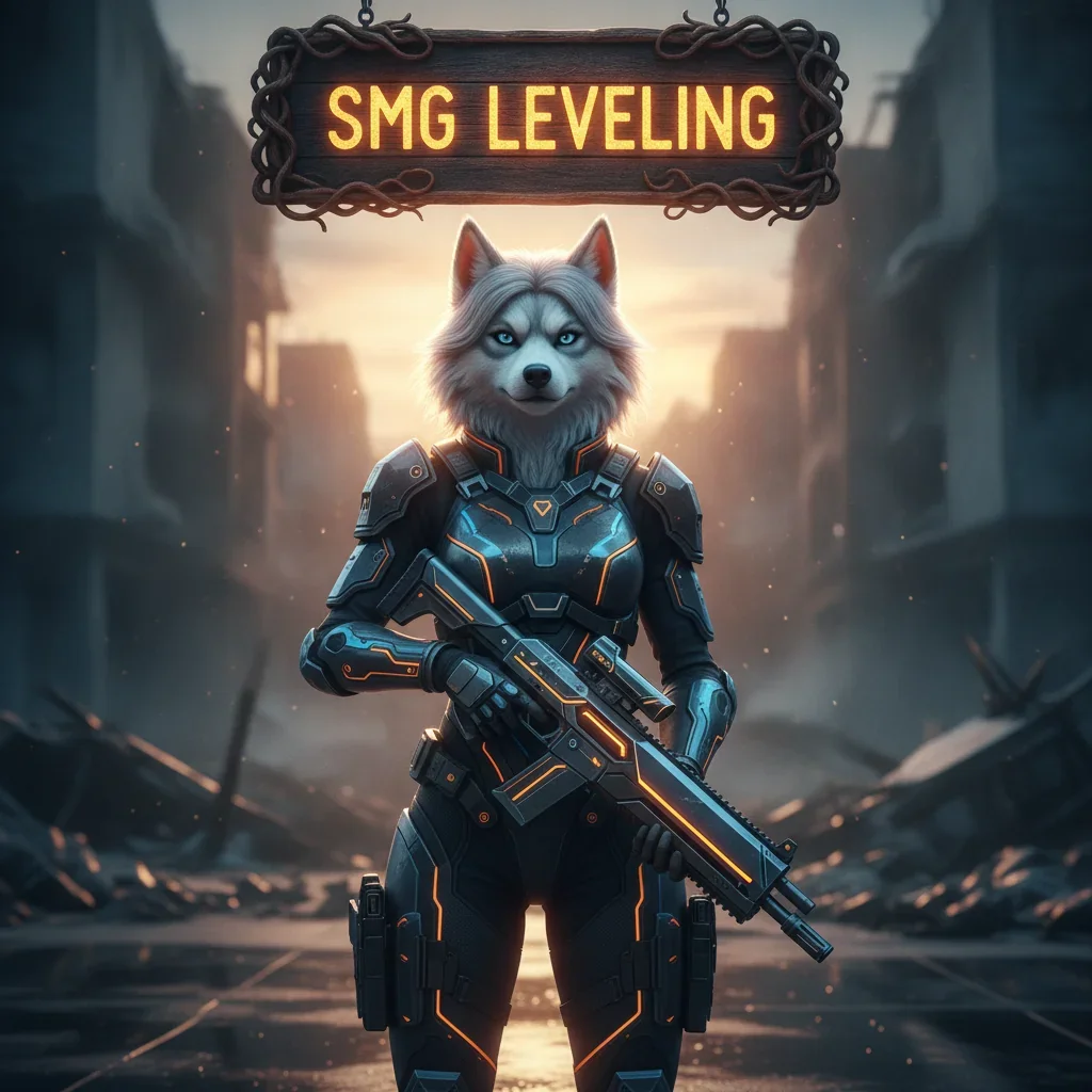 Anthropomorphic Husky in fantasy attire, standing in a game-inspired setting, with artwork related to SMG weapon leveling content and objectives in Call of Duty Black Ops 6.