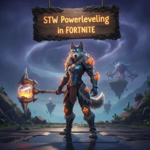 Anthropomorphic Husky character in fantasy armor, inspired by Fortnite STW powerleveling objectives and character growth content, set in an ethereal game environment.