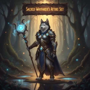 Anthropomorphic Husky in sacred wayfarer attire in a mystic fantasy setting, related to the Sacred Wayfarer's Attire Set content in WoW Midnight.