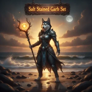 Fantasy artwork featuring an anthropomorphic husky character wearing the distinctive Salt Stained Garb Set in a dark, atmospheric environment, representing game content related to cosmetic item acquisition.