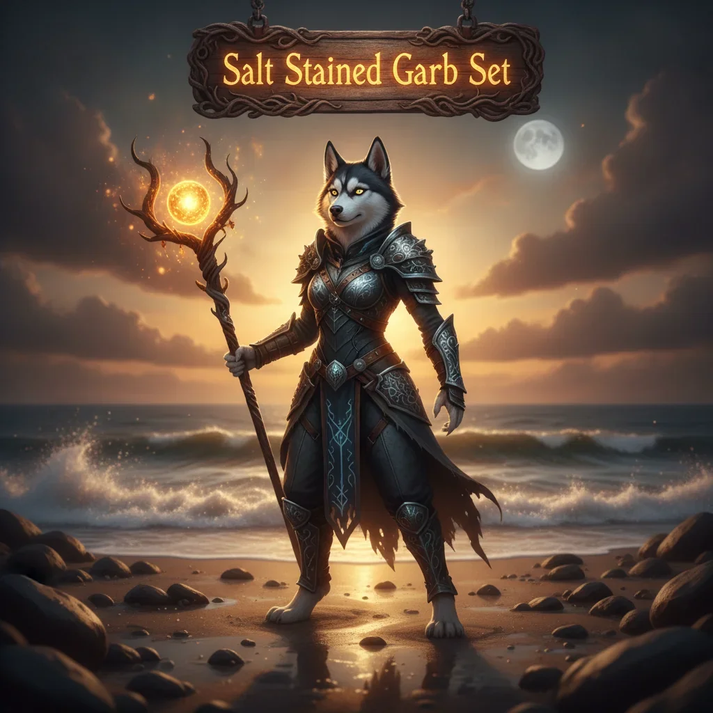 Fantasy artwork featuring an anthropomorphic husky character wearing the distinctive Salt Stained Garb Set in a dark, atmospheric environment, representing game content related to cosmetic item acquisition.