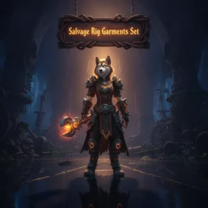 An anthropomorphic husky character in a themed Salvage Rig Garments Set, featured in fantasy artwork related to WoW Midnight content and cosmetic rewards, set in a game-inspired environment.