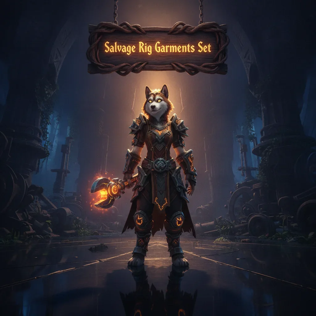 An anthropomorphic husky character in a themed Salvage Rig Garments Set, featured in fantasy artwork related to WoW Midnight content and cosmetic rewards, set in a game-inspired environment.