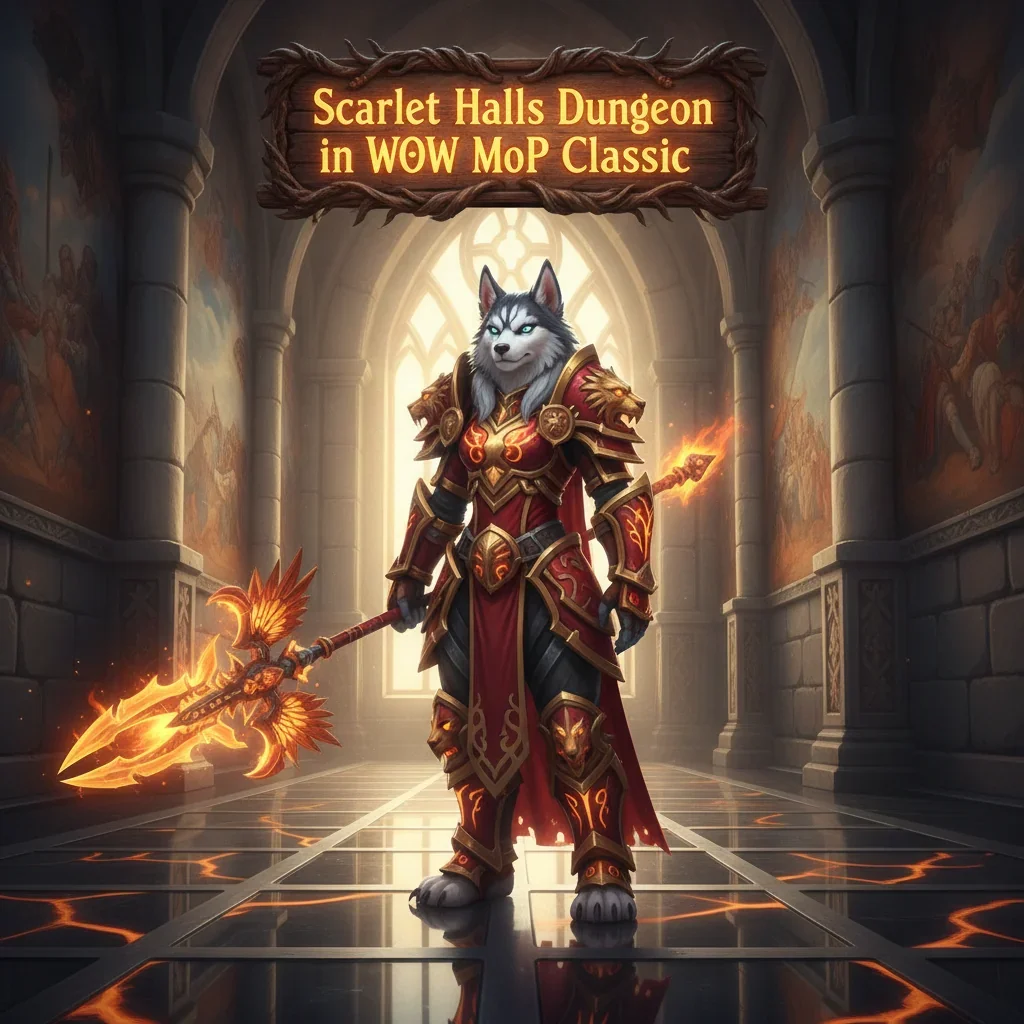 Fantasy artwork of an anthropomorphic Husky character, wearing red and gold armor, standing in a gothic, fire-lit dungeon setting.