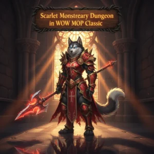 Fantasy game-inspired artwork featuring an anthropomorphic husky character in Scarlet Monastery-themed armor, related to dungeon content.