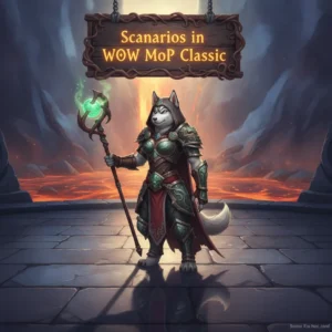 Fantasy artwork of an anthropomorphic Husky character in a game-inspired setting, themed around Mists of Pandaria Classic Scenarios.