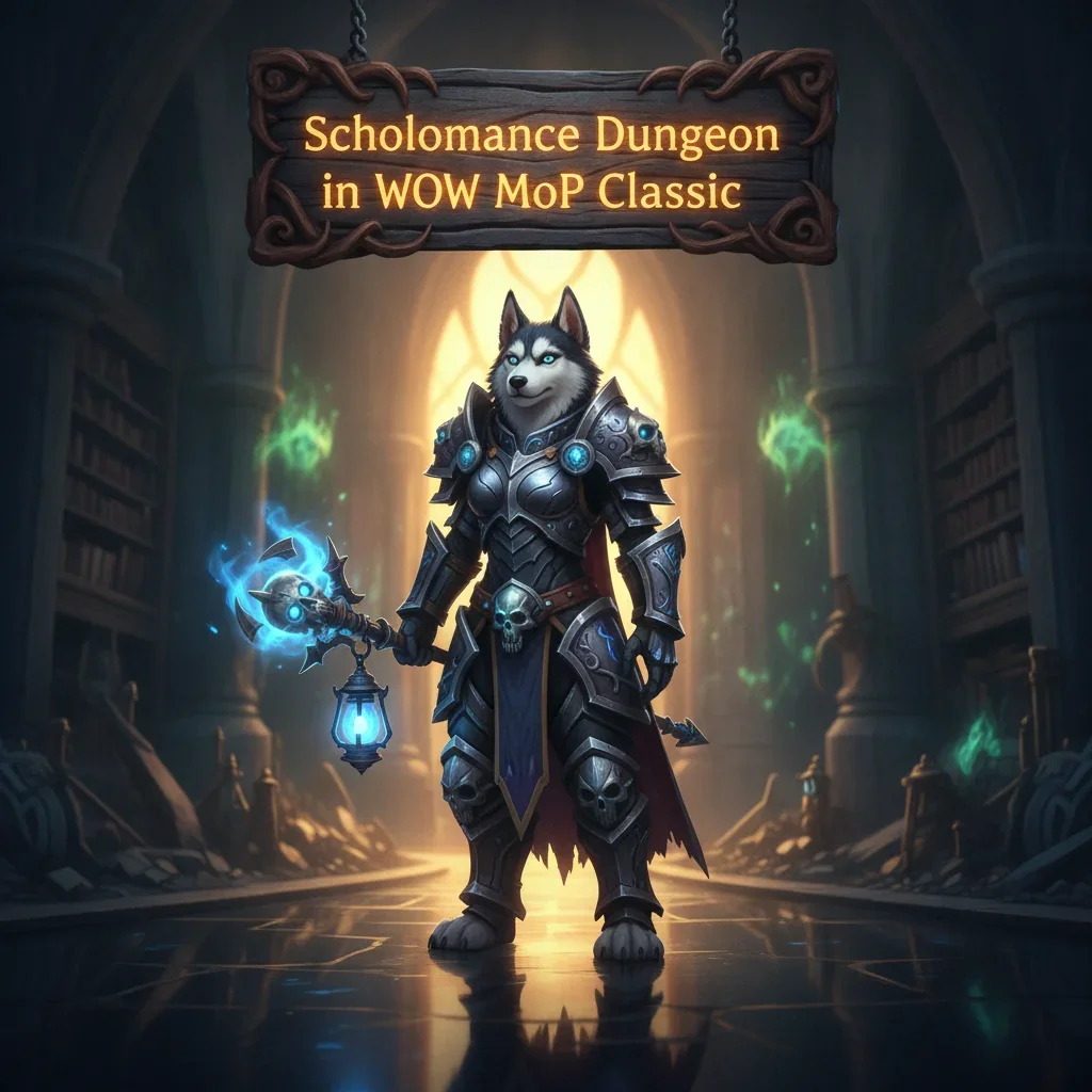 An anthropomorphic Husky character in fantasy armor, standing in a dark, mysterious dungeon setting inspired by Scholomance.