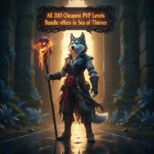 Fantasy artwork featuring an anthropomorphic husky pirate character with a map, themed around Sea of Thieves PvP leveling.