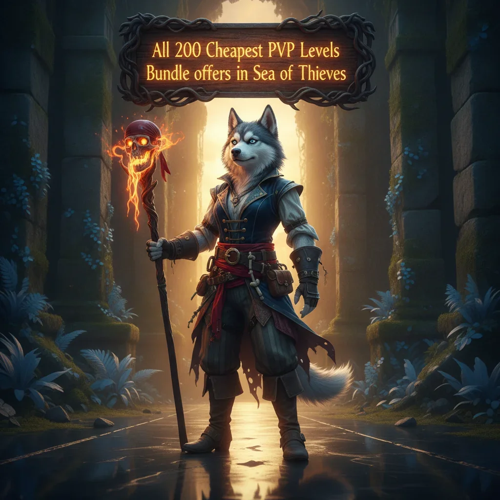 Fantasy artwork featuring an anthropomorphic husky pirate character with a map, themed around Sea of Thieves PvP leveling.