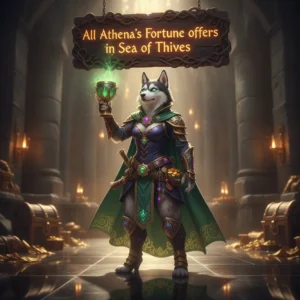 A fantasy game-inspired image featuring an anthropomorphic Husky character in pirate attire, related to Sea of Thieves Athena's Fortune.