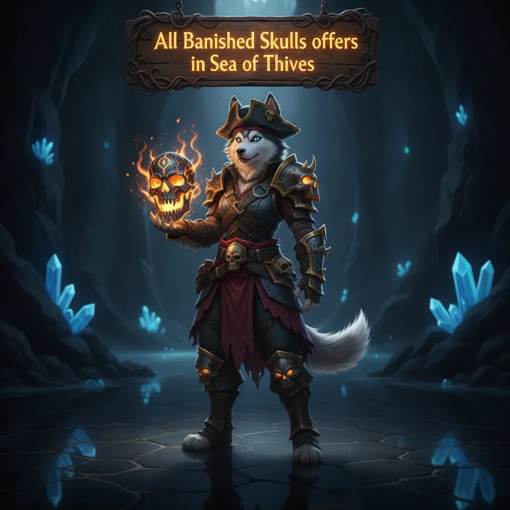 Fantasy game-inspired artwork featuring an anthropomorphic Husky character themed around Sea of Thieves Banished Skulls content.