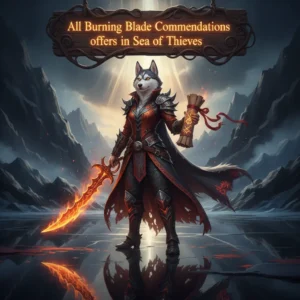 Fantasy artwork featuring an anthropomorphic Husky in pirate attire on a ship deck, themed around Sea of Thieves commendations and challenges.