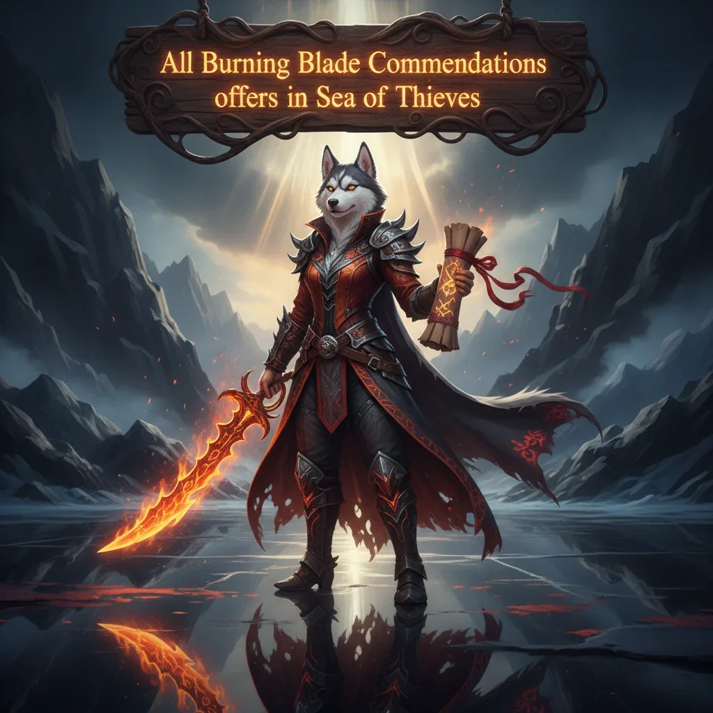 Fantasy artwork featuring an anthropomorphic Husky in pirate attire on a ship deck, themed around Sea of Thieves commendations and challenges.